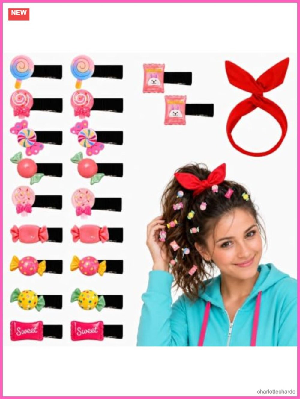 21 Pc Candy Hair Clip Set & Knotted Headband Costume Party